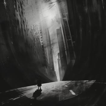 A black and white city with a lonely man in it. The poster. High quality illustration