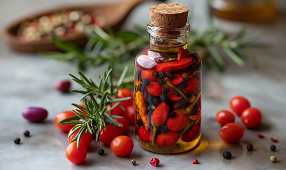 Bottle of Olive Oil and Spices on Table. Selective soft focus.