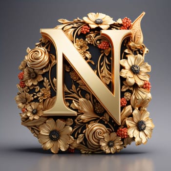 Graphic alphabet letters: Golden letter N decorated with flowers and leaves. 3d render.