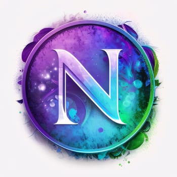 Graphic alphabet letters: Letter N on abstract colorful background with floral ornament and space for text