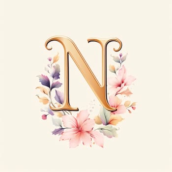 Graphic alphabet letters: Letter N with flowers and leaves. Floral font. Vector illustration.