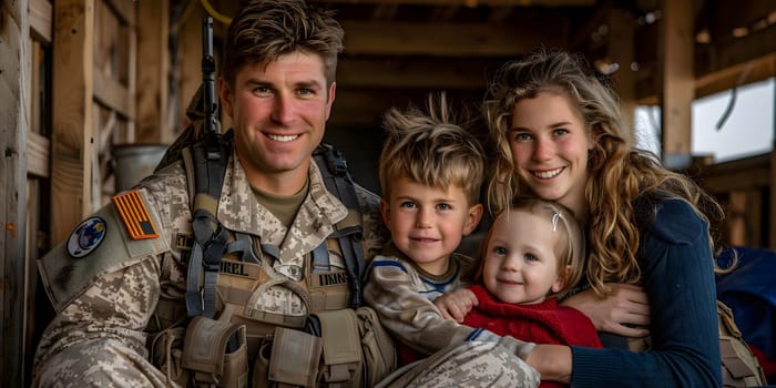 A happy military person in camouflage uniform is smiling and posing for a picture with his family, sharing a moment of joy