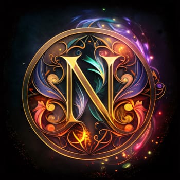 Graphic alphabet letters: Letter N with ornate floral ornament in gold circle on dark background.