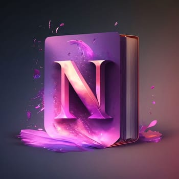 Graphic alphabet letters: Open book with purple paint splashes and letters N. 3d rendering