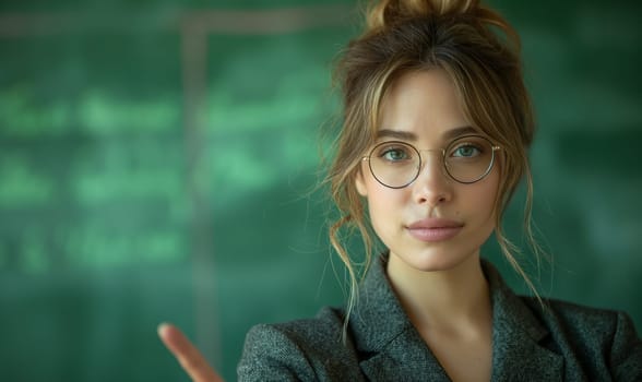 A woman with glasses points on a green background. Selective focus.