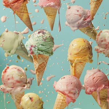 Lots of delicious and beautiful ice cream. Summer dessert. Poster, menu. High quality photo