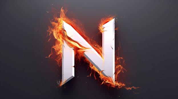 Graphic alphabet letters: Flaming letter N on dark background. 3D illustration.