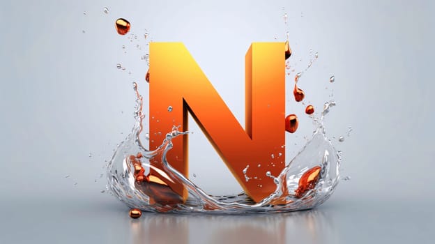 Graphic alphabet letters: Orange letter N in water splash, 3d rendering. Computer digital drawing.