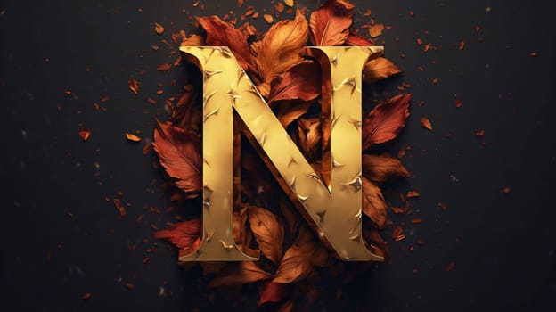 Graphic alphabet letters: Golden letter N with autumn leaves on black background. 3d rendering