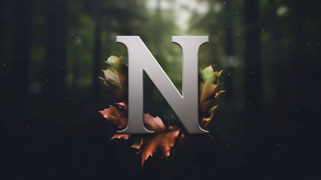 Graphic alphabet letters: N letter with autumn leaves in the forest. 3d rendering.