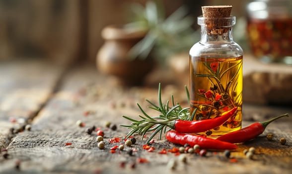 Bottle of Olive Oil and Spices on Wooden Table. Selective soft focus.