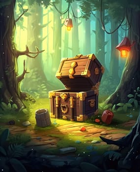 Illustration of a wooden chest in the forest.