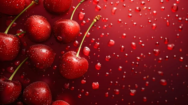Fresh red cherries with glistening water drops, a delicious and natural food choice. These seedless fruits are a sweet ingredient perfect for any dish. Frutti di bosco at its finest