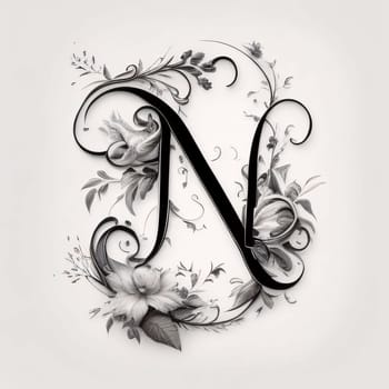 Graphic alphabet letters: Luxury floral capital letter N with flowers and leaves. Hand-drawn illustration.