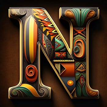 Graphic alphabet letters: N letter with ethnic ornament on brown background. 3D illustration.