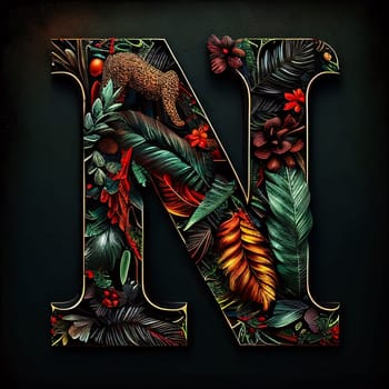 Graphic alphabet letters: Floral capital letter N decorated with tropical leaves and flowers on black background