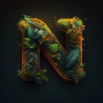 Graphic alphabet letters: Nature alphabet. Letter N made of leaves and flowers. 3D rendering