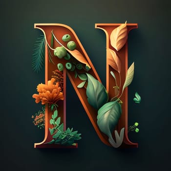 Graphic alphabet letters: Nature alphabet with flowers and leaves. Letter N. Vector illustration.