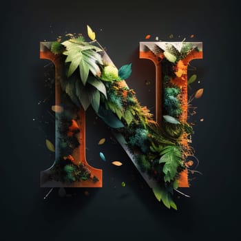 Graphic alphabet letters: Nature alphabet, ecology and environment concept - capital letter N decorated with green and orange leaves