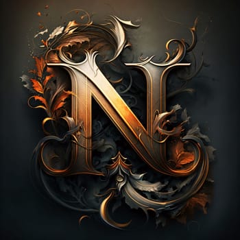 Graphic alphabet letters: Decorative letter N in the style of baroque. 3D illustration