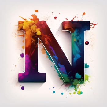 Graphic alphabet letters: N letter with colorful paint splashes and blots, vector illustration.