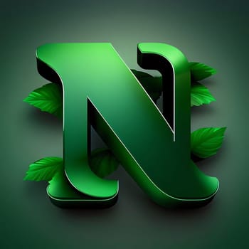 Graphic alphabet letters: letter n in green with leaves as a concept for nature and ecology