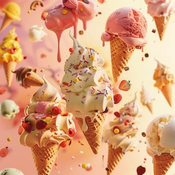 Lots of delicious and beautiful ice cream. Summer dessert. Poster, menu. High quality photo