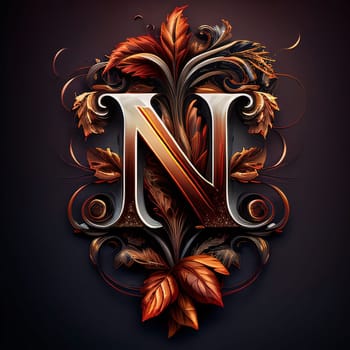 Graphic alphabet letters: Illustration of a decorative letter N with floral ornament on a dark background