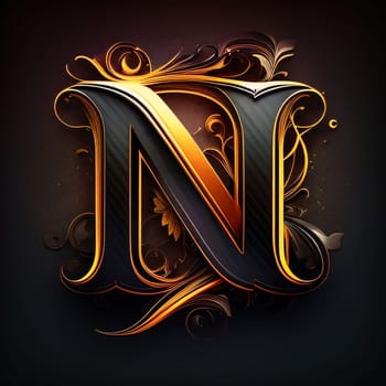 Graphic alphabet letters: Letter N with decorative ornament on a black background. Vector illustration.