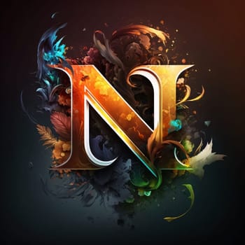 Graphic alphabet letters: Letter N with colorful floral ornament on black background. 3d illustration