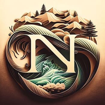 Graphic alphabet letters: Mountain landscape with letter N. 3D illustration. Vintage style.