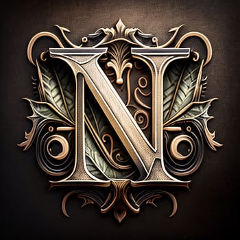 Graphic alphabet letters: Luxury capital letter N with ornament on leather. 3D rendering