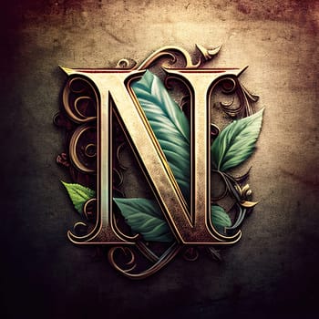 Graphic alphabet letters: Vintage letter with floral ornament on grunge background. Letter N