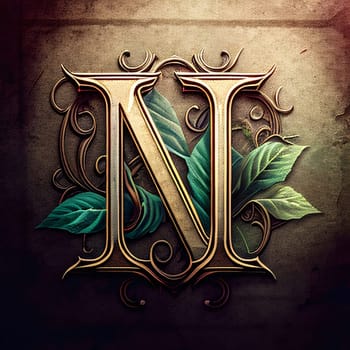 Graphic alphabet letters: Vintage initials letter N with leaves. Design template elements for your application or corporate identity.