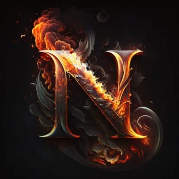 Graphic alphabet letters: Letter N with fire and smoke on a black background. Vector illustration.