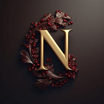 Graphic alphabet letters: Luxury golden letter N with leaves and berries. 3D rendering