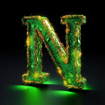 Graphic alphabet letters: Futuristic letter N uppercase. Glowing font with green lights. 3D rendering