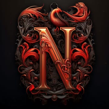 Graphic alphabet letters: 3D illustration of the letter N in the style of Baroque.