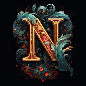 Graphic alphabet letters: Luxury capital letter N with floral ornament on black background.