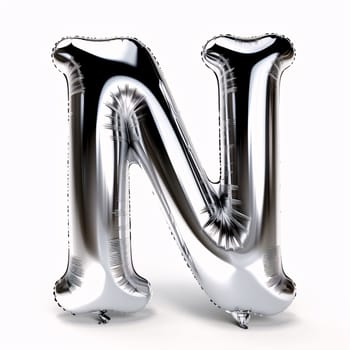 Graphic alphabet letters: Letter N from silver balloons on a white background. 3d render