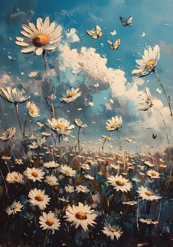 A painting depicting a field of daisies with butterflies flying in the sky, showcasing the beauty of natures flora and fauna