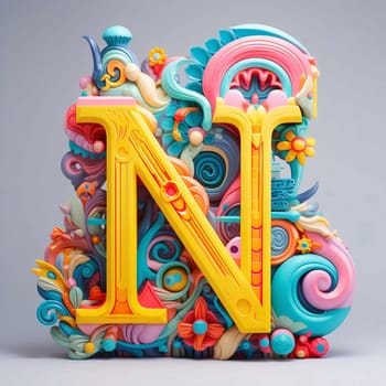 Graphic alphabet letters: Alphabet letter N with colorful abstract pattern. 3d render illustration