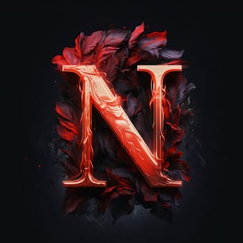 Graphic alphabet letters: N letter with red leaves on black background. 3D illustration.