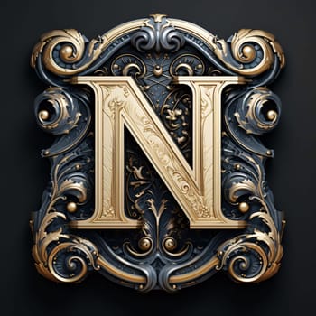 Graphic alphabet letters: Luxury royal capital letter N on a black background. 3d render