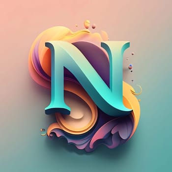 Graphic alphabet letters: 3d render, abstract colorful paper cut font. Letter N.