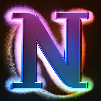 Graphic alphabet letters: Neon letter N, glowing font with colorful dots and splashes.