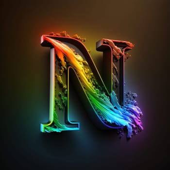 Graphic alphabet letters: neon letter with color splashes isolated on black, 3d render