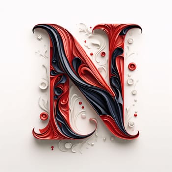Graphic alphabet letters: Alphabet letter N uppercase. 3D render of red, black and white font with swirls on white background.