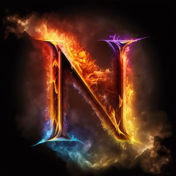 Graphic alphabet letters: Fiery letter N in fire and smoke, isolated on black background