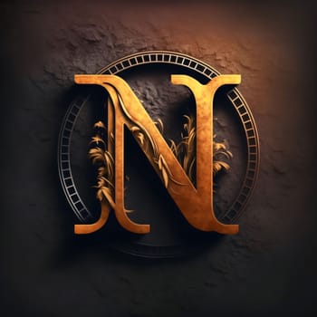 Graphic alphabet letters: Golden letter N on a dark background. 3d illustration, 3d render